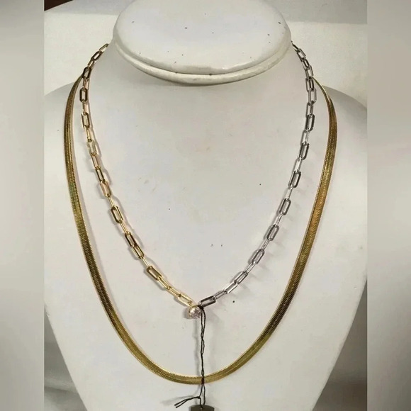 2 Necklaces. Gold Herringbone and Gold Open Link with CZ - Picture 1 of 4